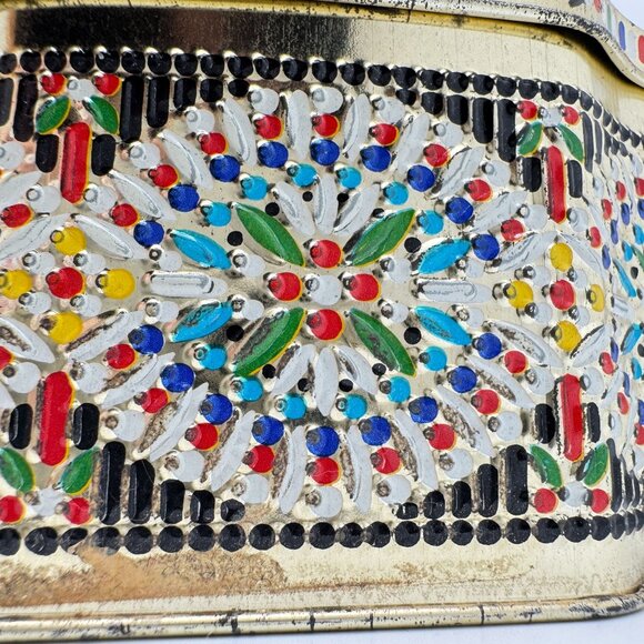 Embossed Vtg Floral Mosaic Treat Trinket Tin Hinged Lid Litho Design England - Picture 8 of 9